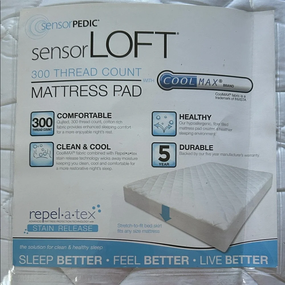 SensorLOFT 300-Thread Count White Mattress Pad